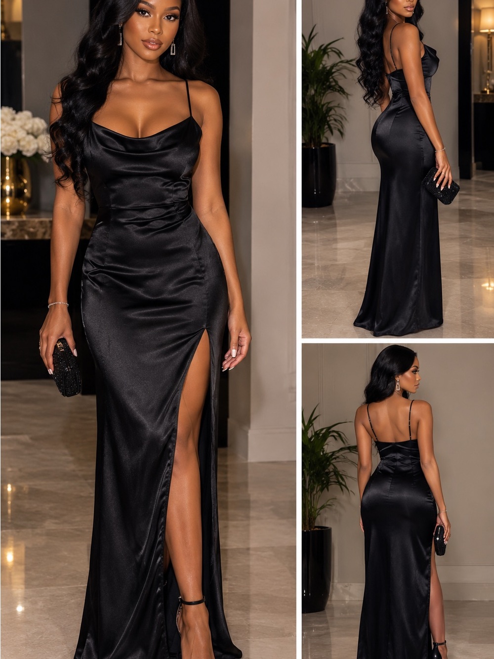 Derek Heart Black Satin Cowl Neck Maxi Dress with Thigh Slit